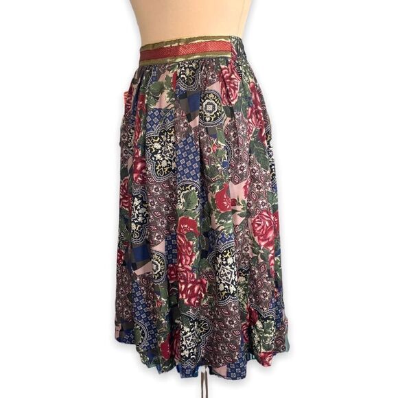 Vintage 80s Midi Skirt Patchwork Navy Blue Burgundy Floral OOAK Custom Metallic - Picture 3 of 11